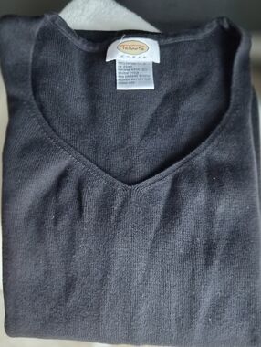 ​Talbots Woman Black 100% Cotton V-Neck Sweater Knit Top 3/4 Sleeve